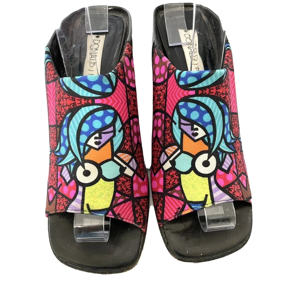 Donald Pliner Fabric Wedge Mules Shoes Fun Colorful Romero Britto Print Size 6.5